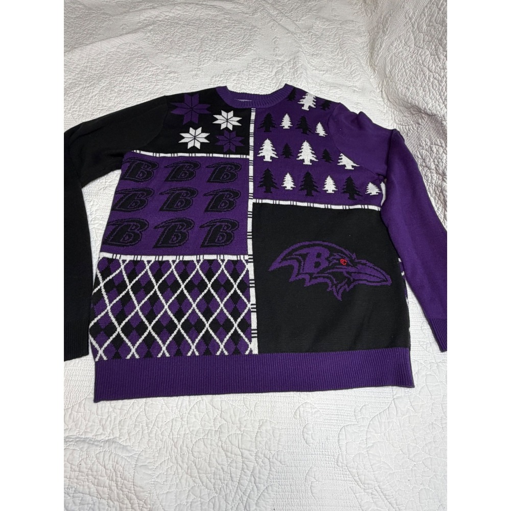 NFL Baltimore Ravens Ugly Christmas Sweater Mens XL Purple Black Patchwork Knit